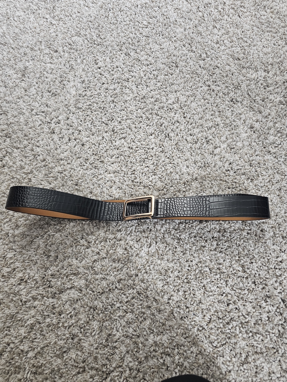 Black Croc-Embossed Leather Belt with Gold Buckle